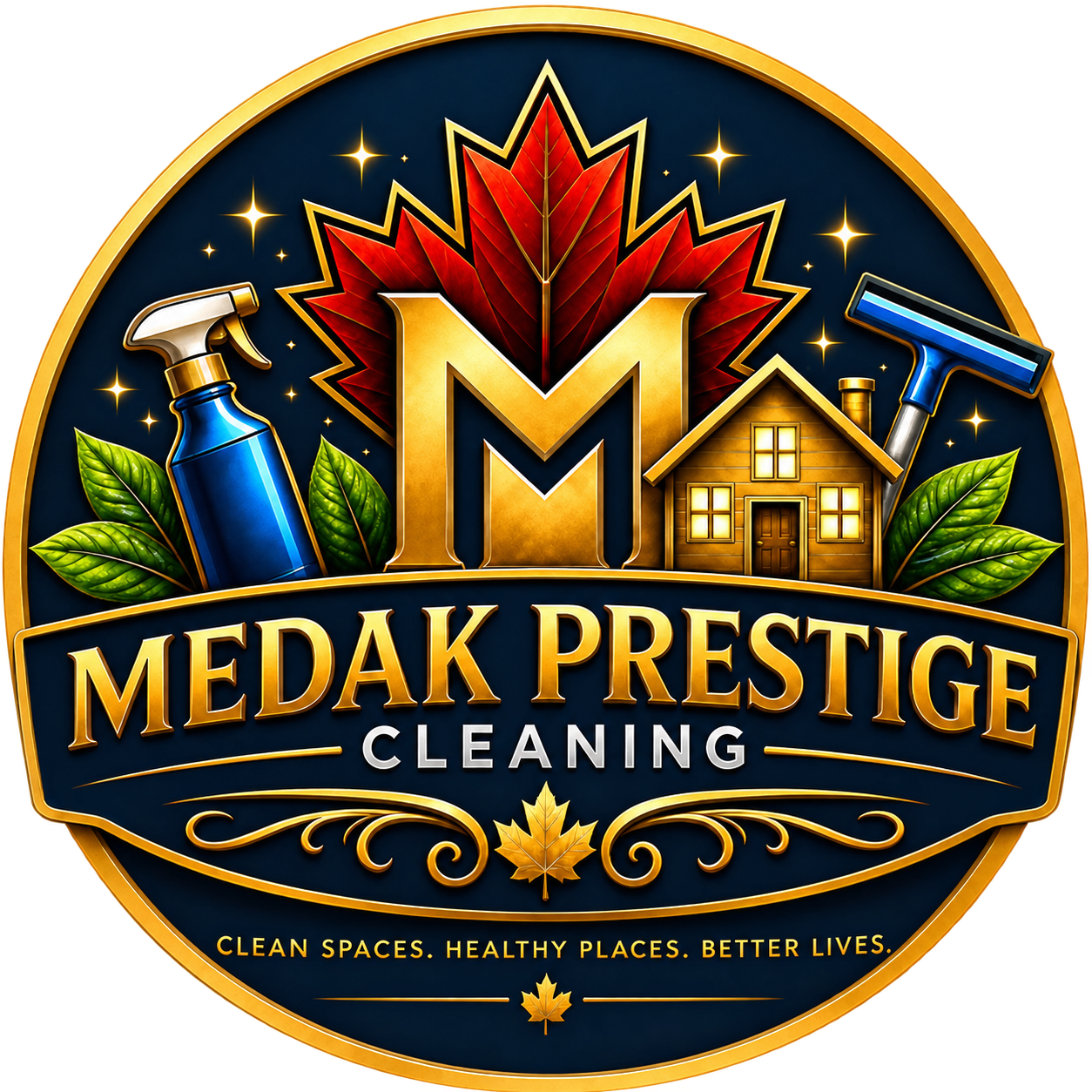 Medak Prestige Cleaning Logo - Clean Spaces. Healthy Places. Better Lives.